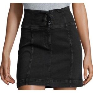 Free People Lace Up Front Western Denim Skirt Black High Waist Size 8